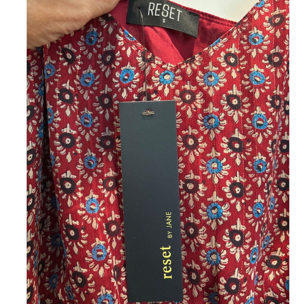 Reset by Jane Cami Top Womens Small Red Floral‎ Metallic Boho Bubble Hem JT512F - Picture 4 of 5